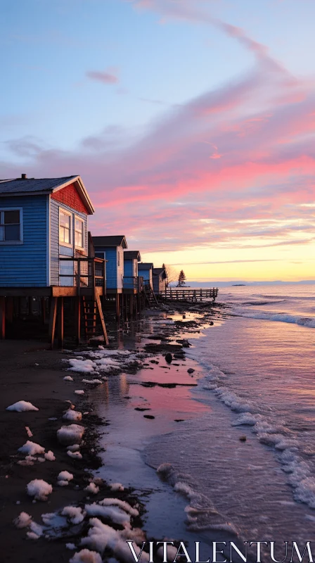 Serene Maritime Scene: Richly Colored Skies and Cottages on a Beach AI Image