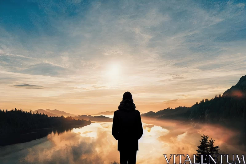 Tranquil Sunrise: A Captivating Silhouette by the Lake AI Image