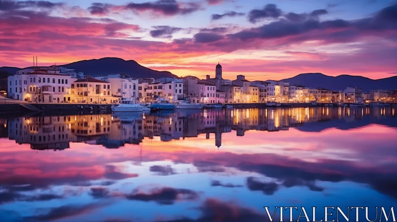 Captivating Sunset Over Boats and Buildings Near Water | Stunning Violet and Blue Panorama AI Image