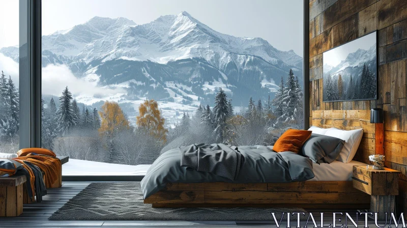 Cozy Bedroom with Snowy Mountain View AI Image