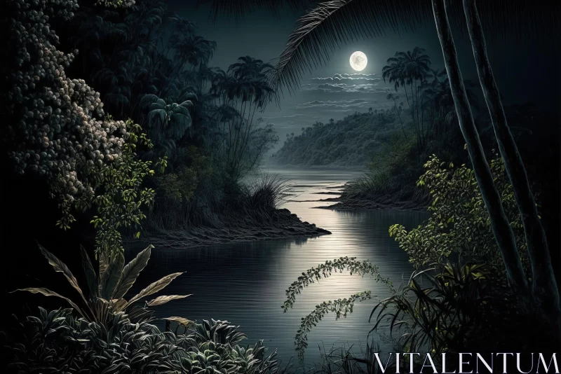 Moonlit River in the Jungle: Hyperrealistic Illustration AI Image