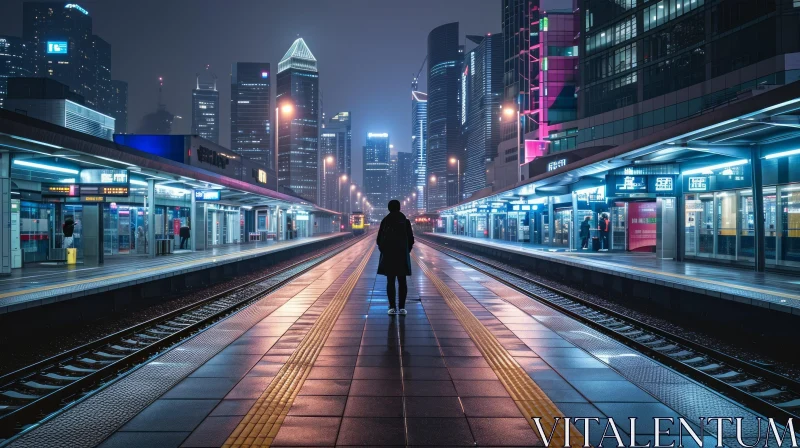 Mysterious Figure on a Deserted Train Platform at Night AI Image