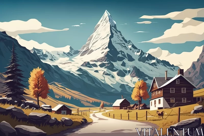 Vintage Cartoon Mountain Landscape Poster Design AI Image