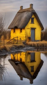 Captivating Reflection: Yellow House with Thatched Roof in Moody and Evocative Style