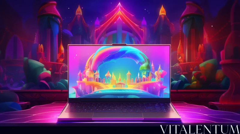Colorful Fantastical City on Laptop Screen - Digital Painting AI Image