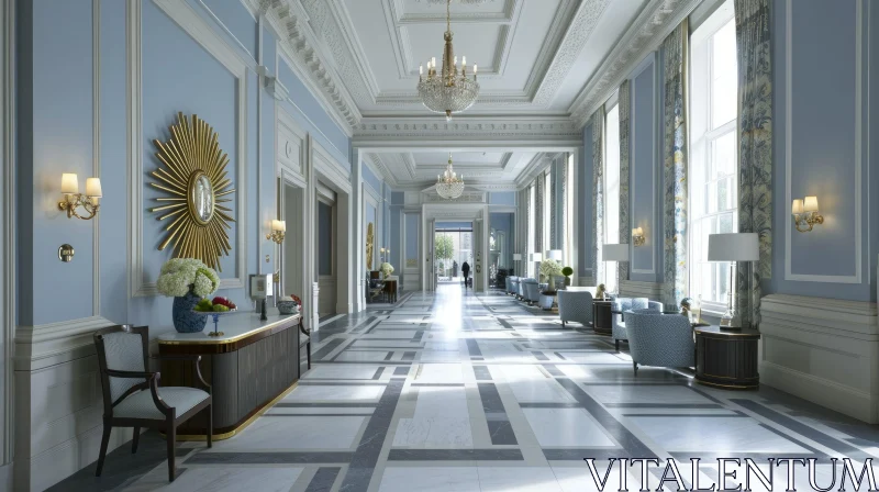 Elegance Unveiled: A Majestic Hallway with Marble Floors and Wood Paneling AI Image