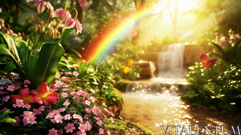 Enchanting Forest Landscape with Waterfall and Rainbow AI Image