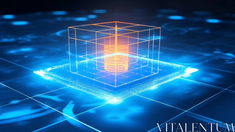 Glowing Orange Quantum Computer Processor on Blue Circuit Board AI Image