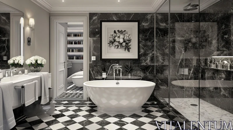 Luxurious Black and White Marble Bathroom with Bathtub AI Image