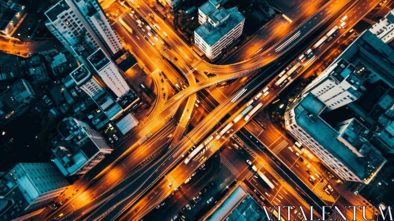 Nighttime Bustle: Aerial View of a Vibrant Chinese City Intersection AI Image