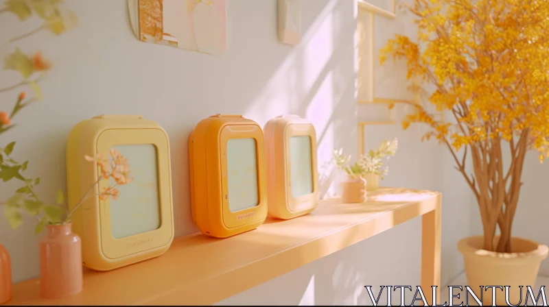 Playful Harmony: Pastel-Colored Plastic Boxes on a Vibrant Shelf AI Image