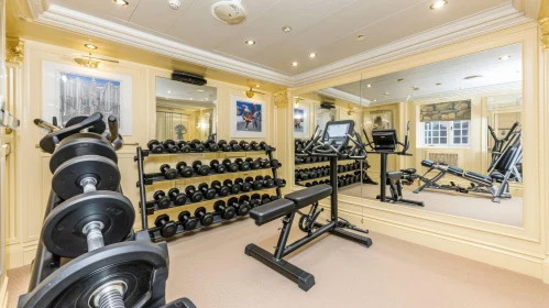 Stylish Home Gym with Weight Bench, Dumbbells, and Exercise Equipment