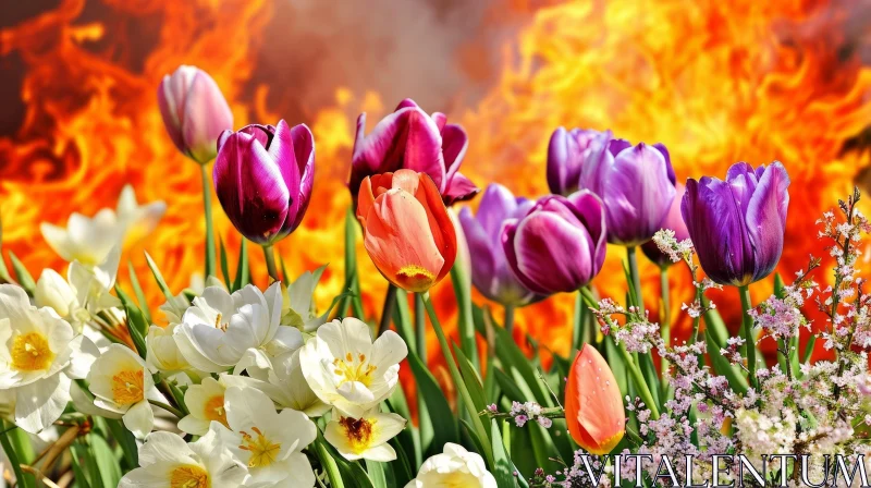 Beautiful Bouquet of Flowers Against a Backdrop of Fire AI Image
