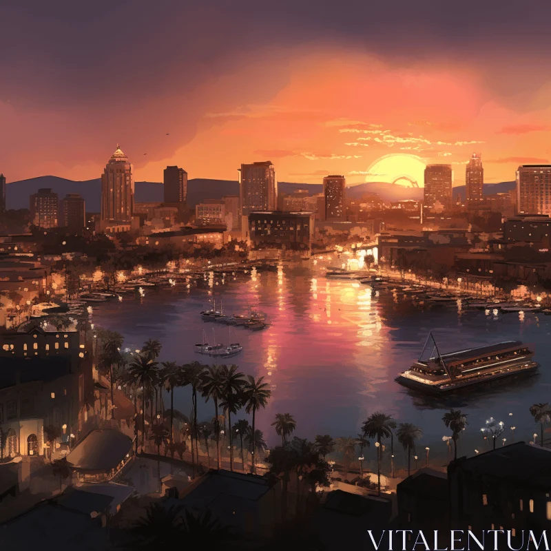 Captivating City Sunset Painting with Egyptian Iconography AI Image