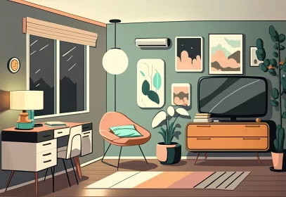 Charming Cartoon Living Room with Retro Filters and Midcentury Modern Vibes