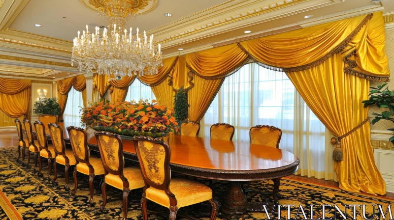 AI ART Luxurious Dining Room with Wooden Table and Yellow Upholstery