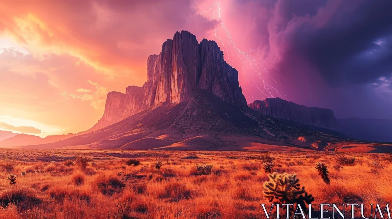 Majestic Desert Landscape with Lightning-Struck Rock Formation AI Image