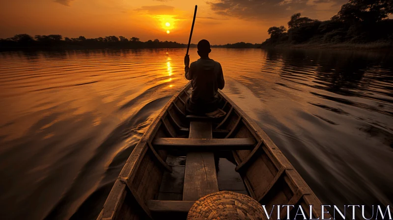 Serene Beauty of a Sunset: A Small Canoe Gliding Through Time AI Image
