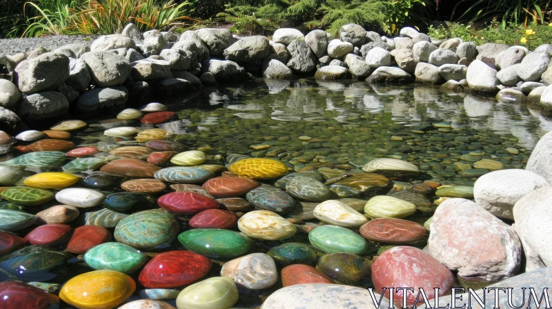 Serene Pond with Polished Rocks and Clear Water AI Image