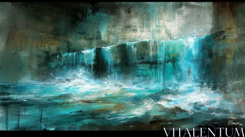 Digital Painting of a Waterfall in a Dark Cave AI Image
