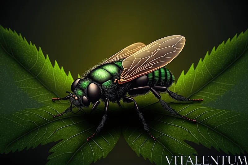 Intricate Fly Illustration on a Green Leaf | Science Fiction Art AI Image