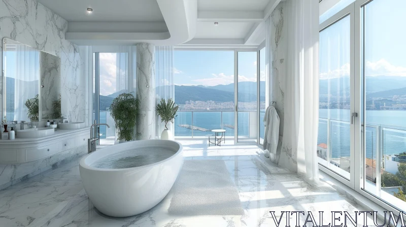 Luxurious Bathroom with Marble Finish and Ocean View AI Image