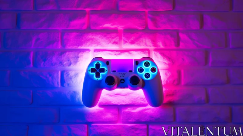 Neon-Lit Video Game Controller on Brick Wall AI Image