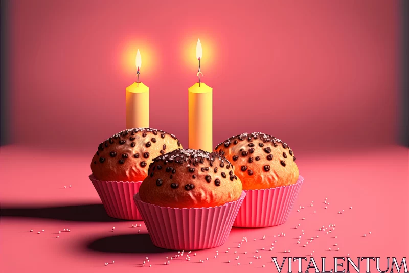 Pink Cupcakes with Candles on a Background | Realistic Rendering AI Image