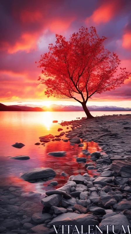 Colorful Red Tree on a Rocky Shore at Sunset AI Image