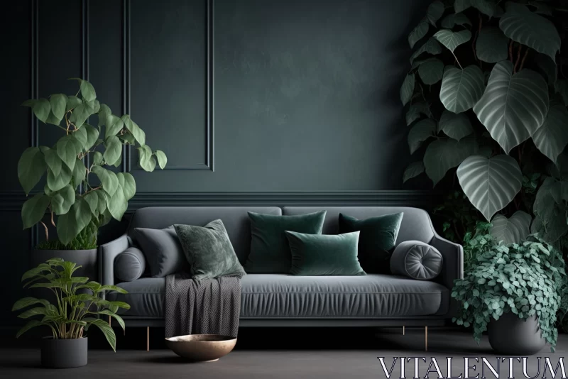 Dark Green Couch with Green Plants - 3D Rendering Concept Art AI Image
