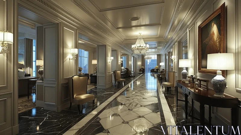 Luxurious Hotel Corridor with Marble Floors and Crystal Chandeliers AI Image