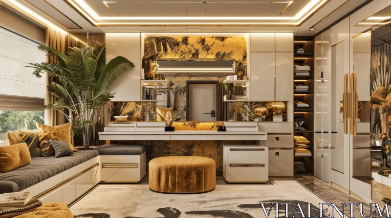 Luxurious Walk-in Closet with Modern White and Gold Accents AI Image