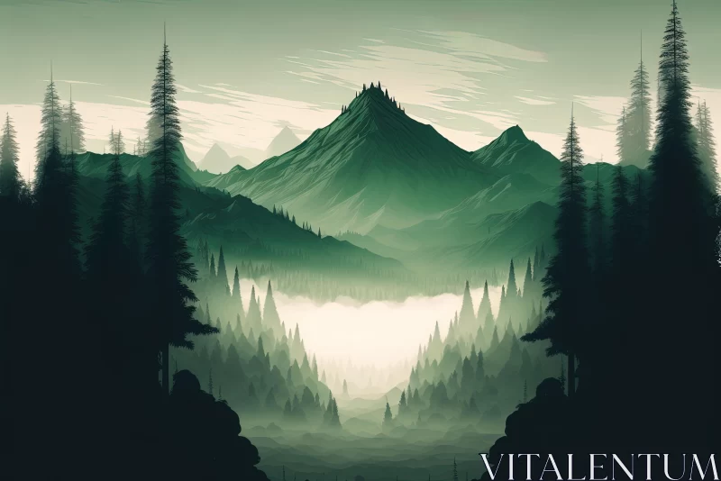 Misty Green Mountain Landscape - Captivating Gothic Illustration AI Image