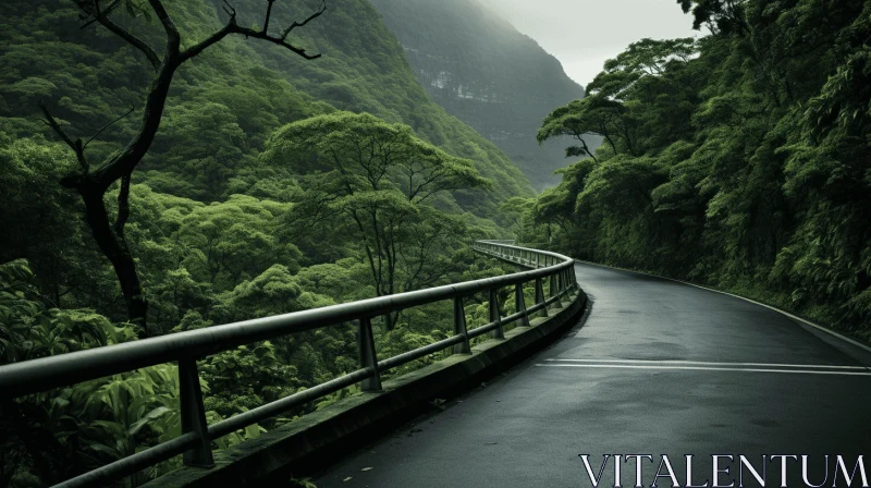 Mysterious Jungle Road through Mountains: Japanese-Inspired Imagery AI Image