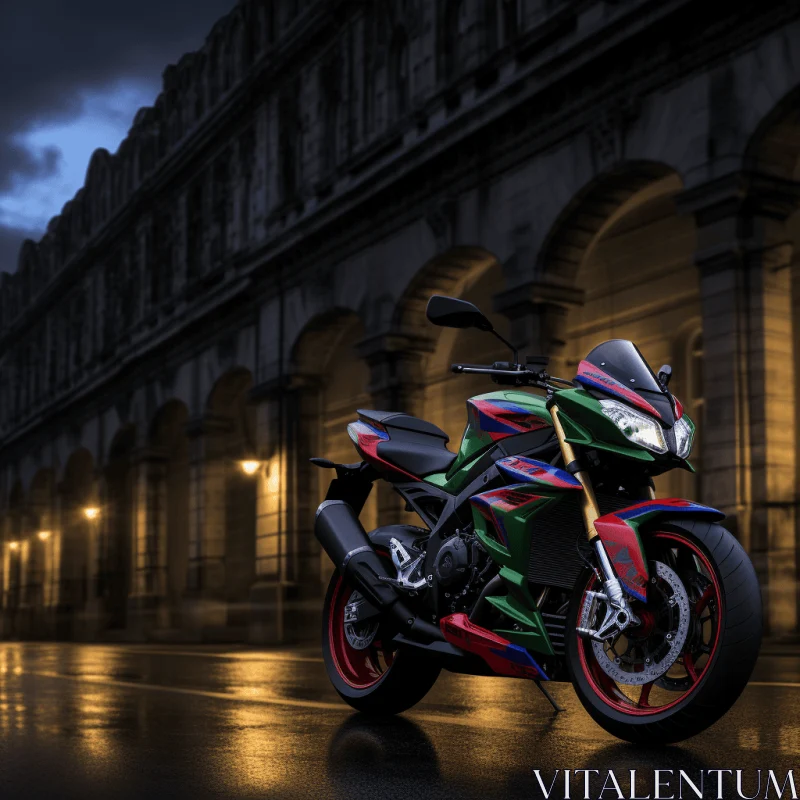 Sleek Motorcycle Parked in Colorful Building at Night | Artistic Image AI Image