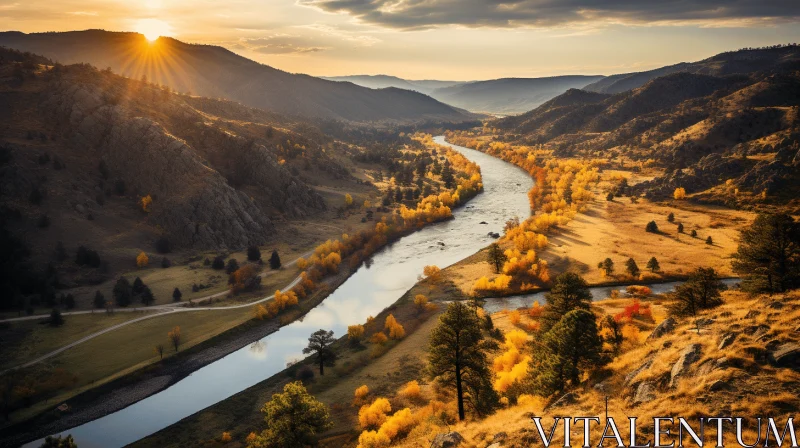 Sunset over River and Mountains: Captivating Rural Scene AI Image