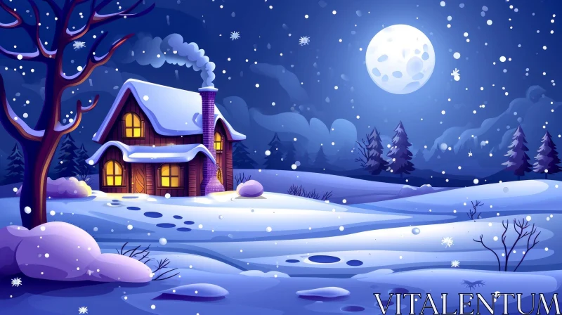 Winter Landscape: Cozy Cabin in Snow-Covered Forest AI Image