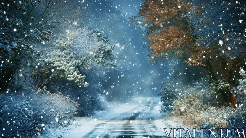 Winter Landscape: Serene Road through Snowy Forest AI Image