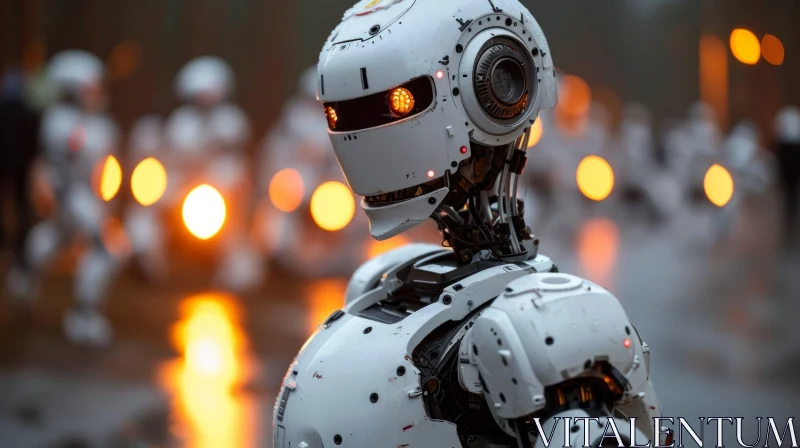 Close-Up of a White Robot with Glowing Orange Eye AI Image