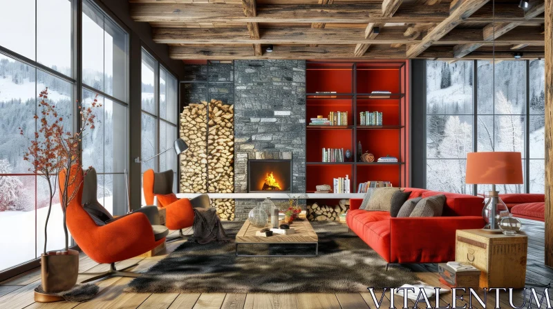 AI ART Cozy Living Room with Modern Design and Mountain View