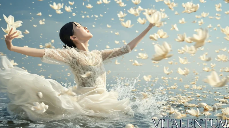 Ethereal Beauty: Woman in White Dress Standing in a Serene Lake AI Image