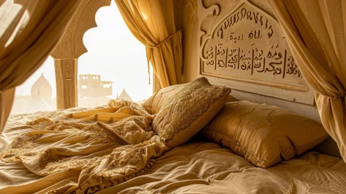 Luxurious Bed with Golden Headboard and Arabic Calligraphy