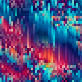 Pixelated Mosaic Art: Cityscape-Inspired Design in Blue, Purple, and Red