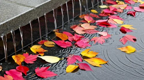 Serene Water Fountain with Fallen Leaves - Captivating Nature Image