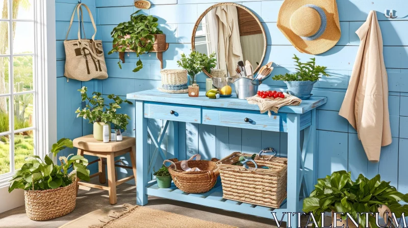 Tranquil Garden Oasis: Blue Wooden Potting Bench in a Sunlit Room AI Image