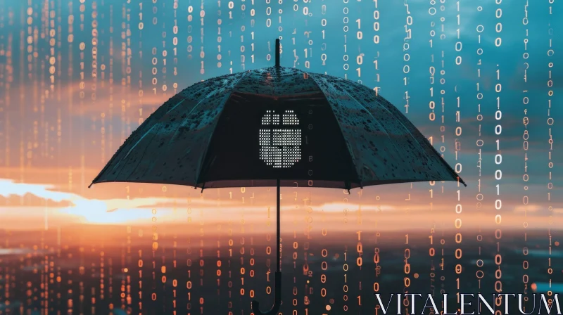 AI ART Binary Code Umbrella: A Symbol of Data Security Against the Storm