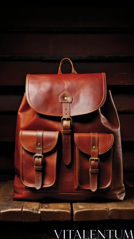 Brown Leather Backpack on Wooden Table AI Image