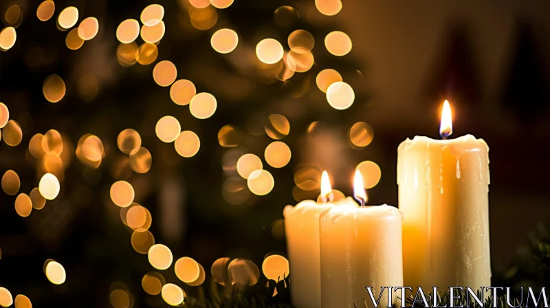 Captivating Image: Three Burning Candles on Blurred Christmas Lights Background AI Image