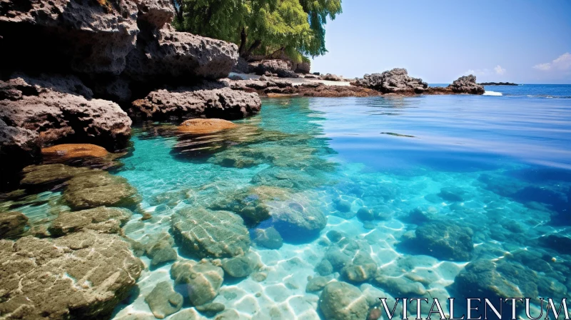Captivating Rocky Shore with Clear Waters: A Mediterranean-Inspired Masterpiece AI Image