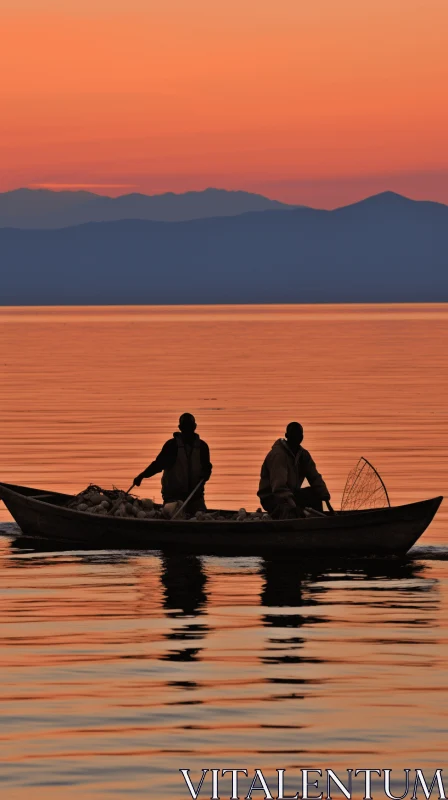 Captivating Sunset: Two People in a Canoe at Twilight AI Image